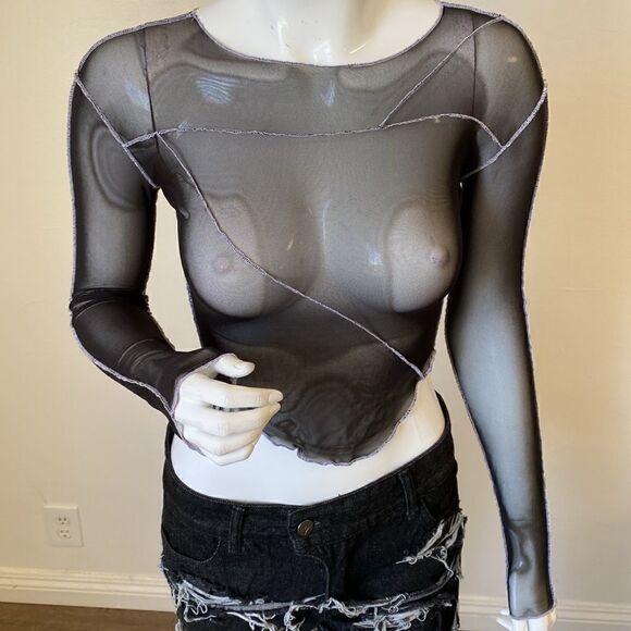 Dolls Kill Brand DARKER WAVS Asymmetrical Black Mesh Long Sleeve Top - Picture 1 of 6